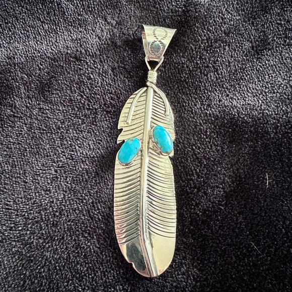 Sterling silver feather with turquoise accents by Desert Rose Trading - Picture 2 of 7